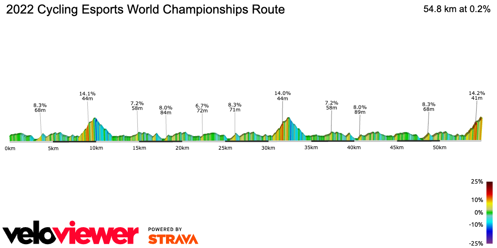 2D Elevation profile image for 2022 Cycling Esports World Championships Route