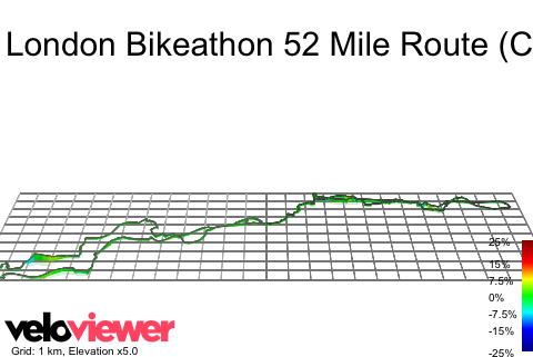 3D Elevation profile image for London Bikeathon 52 Mile Route (Challenge Ride)