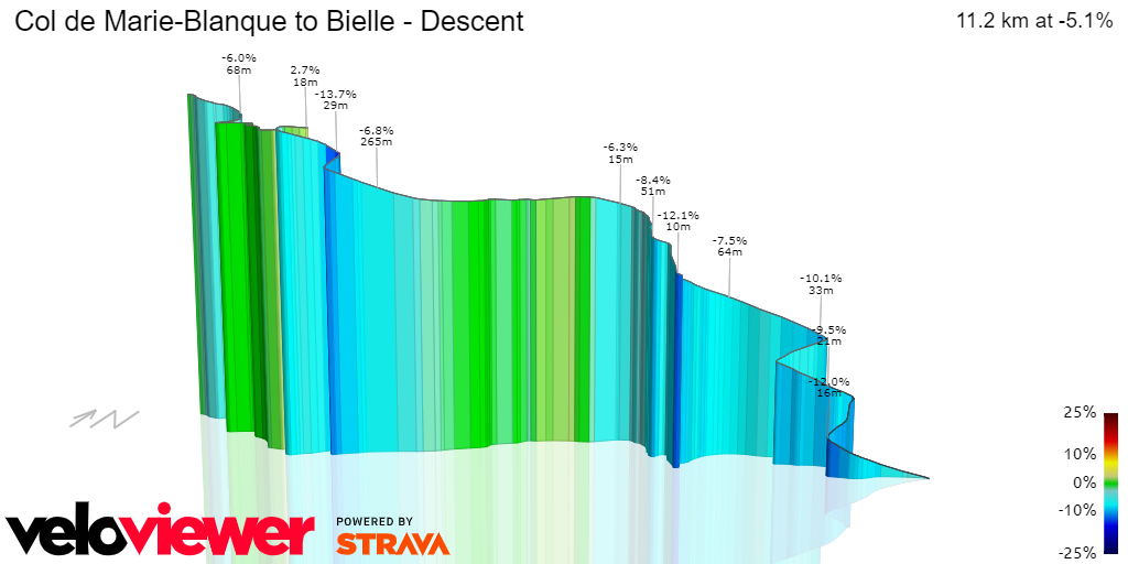 3D Elevation profile image for Col de Marie-Blanque to Bielle - Descent