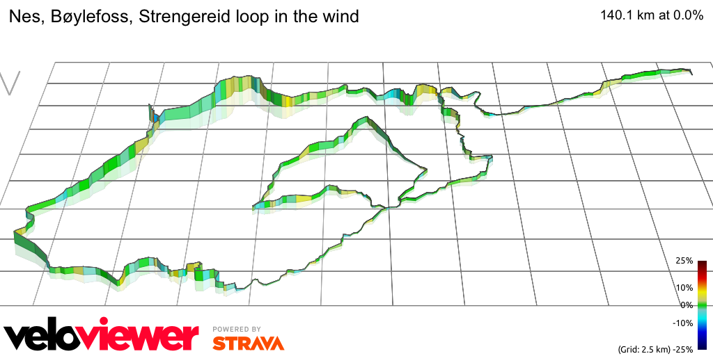 3D Elevation profile image for Nes, Bøylefoss, Strengereid loop in the wind